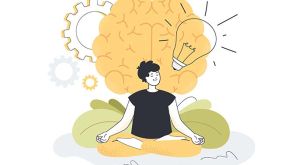 Young man practicing yoga exercises for mental and body health. Happy tiny guy sitting in meditation in front of brain flat vector illustration. Power of mind, healthy lifestyle, harmony concept